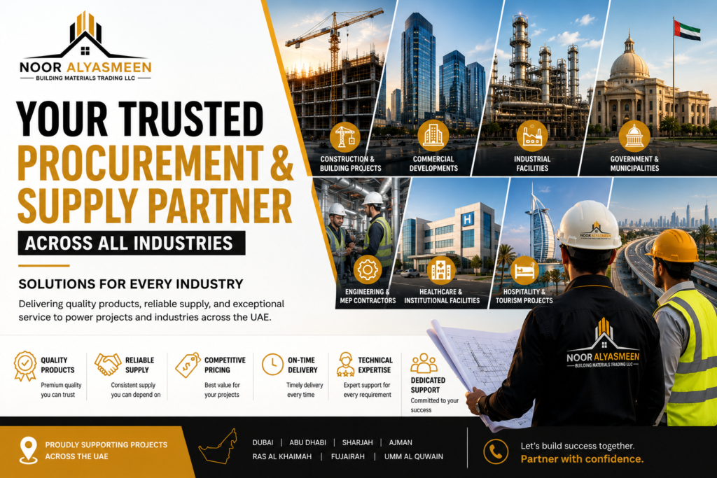 Noor Alyasmeen Building Materials Trading LLC procurement and supply partner banner featuring construction, commercial, industrial, government, infrastructure, engineering, and healthcare sectors supported across the UAE.