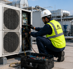 HVAC maintenance technician servicing air conditioning and ventilation systems using HVAC motors, controls, filters and replacement spare parts in Dubai UAE