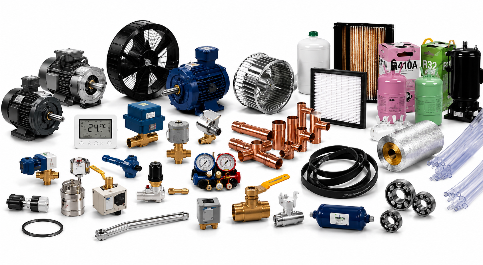 HVAC motors, refrigeration parts, ventilation equipment, valves, filters, bearings, copper fittings, refrigerant gas, and HVAC spare parts supplied in Dubai UAE