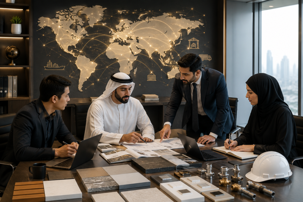 Global procurement and supply network supporting construction, infrastructure, industrial, and commercial projects across the UAE through trusted international supplier partnerships.
