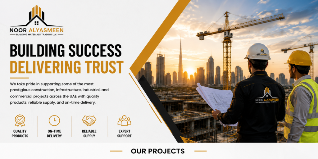Maintenance Supplies and Engineering Facilities Management capabilities banner by Noor Alyasmeen Building Materials Trading LLC featuring facility maintenance services, engineering support solutions, HVAC systems, commercial facilities, and technical supply solutions across the UAE.