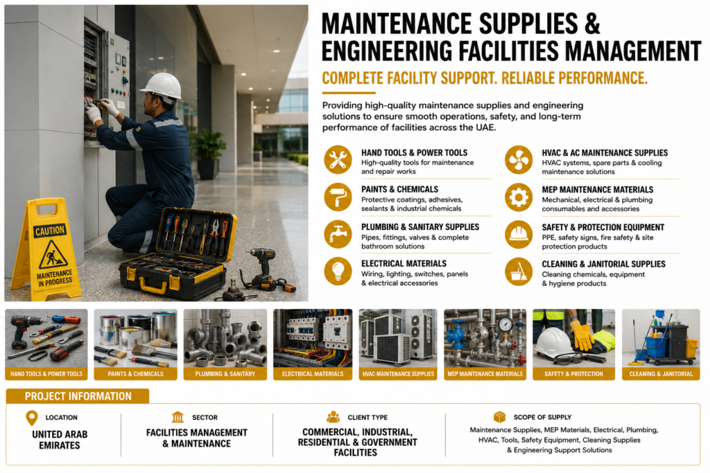 Maintenance Supplies and Engineering Facilities Management project in UAE featuring facility maintenance services, MEP materials, HVAC maintenance supplies, electrical products, plumbing systems, safety equipment, cleaning supplies, and engineering support solutions.