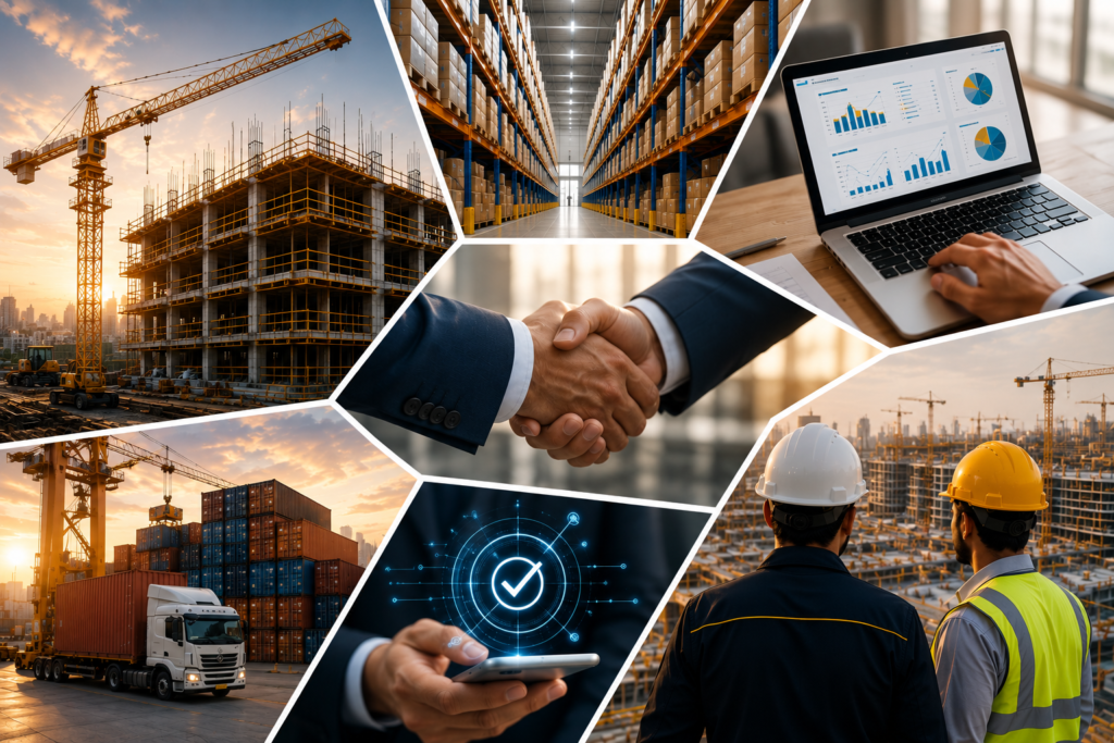 Specialized procurement solutions collage featuring construction projects, warehouse logistics, strategic sourcing, supply chain management, business partnerships, quality assurance, and material procurement services across the UAE.