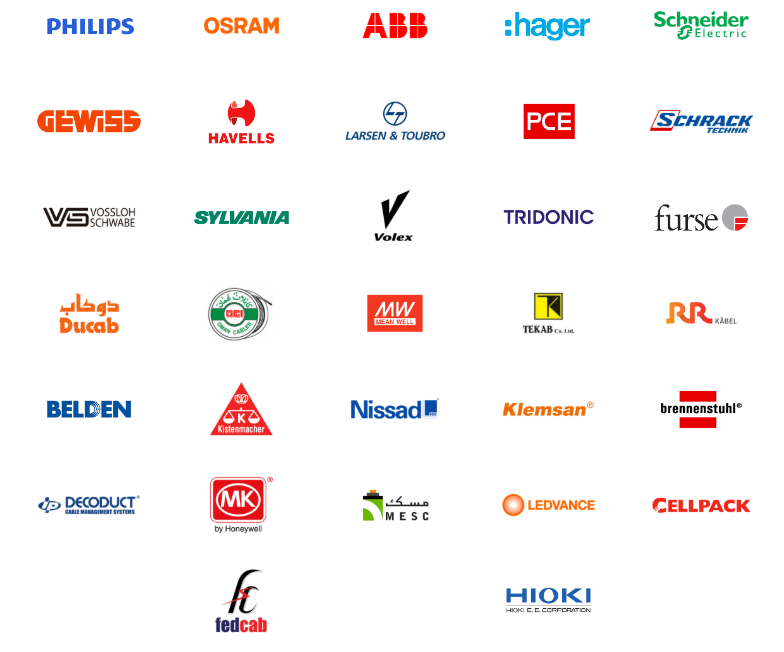 Electrical materials and MEP solutions featuring power distribution equipment, switchgear, cables, wiring accessories, circuit protection devices, lighting systems, industrial electrical products, and leading electrical brands supplied across the UAE.