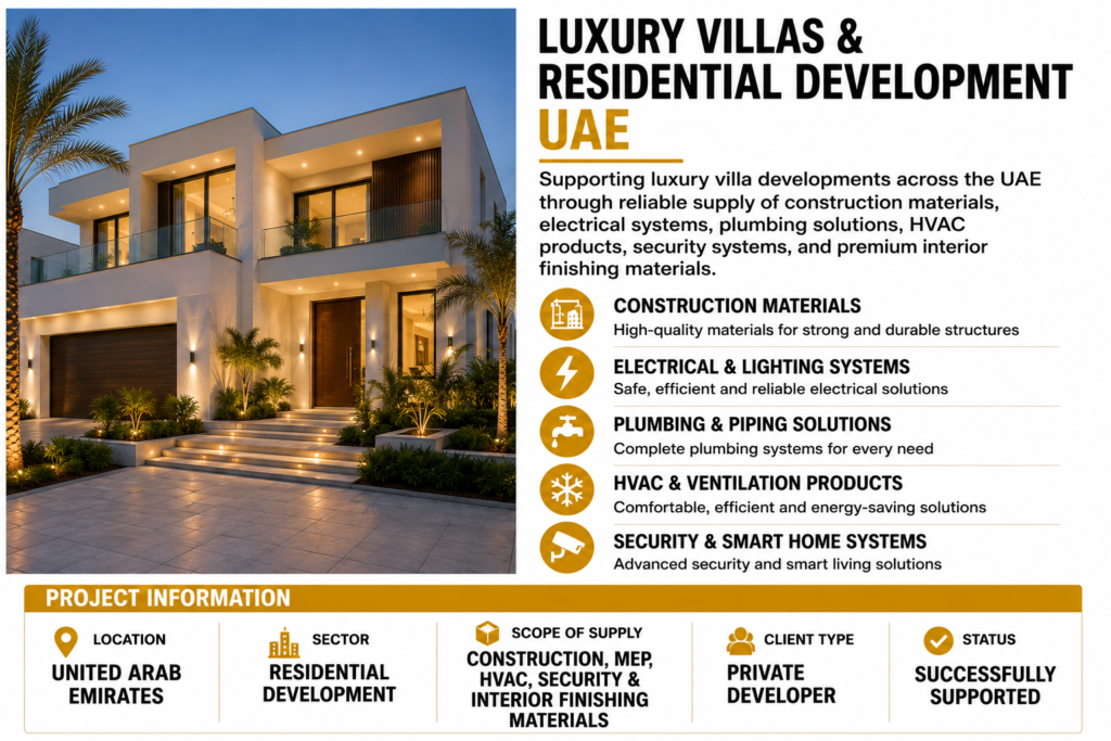 Luxury Villas and Residential Development Project in UAE supported by Noor Alyasmeen Building Materials Trading LLC featuring premium villa construction, MEP systems, HVAC solutions, security systems, and interior finishing materials.