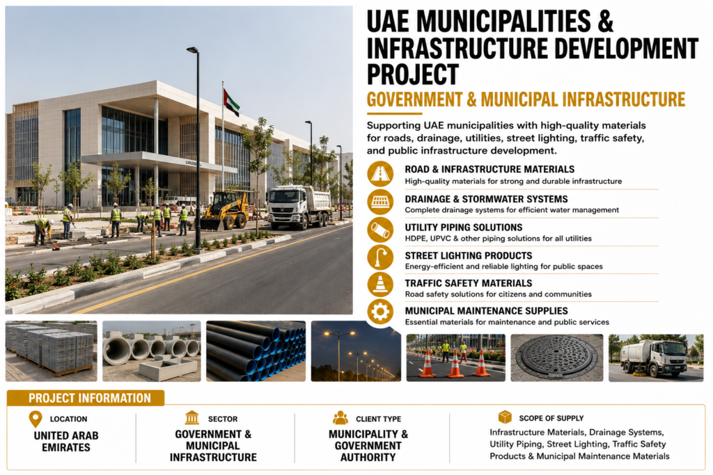 UAE Municipalities Infrastructure Development Project featuring road construction materials, drainage systems, utility piping, street lighting products, traffic safety equipment, and municipal infrastructure supplies supported by Noor Alyasmeen Building Materials Trading LLC.
