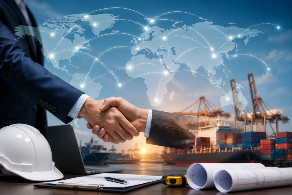 Global procurement and supply chain partnership featuring international supplier networks, construction procurement, logistics operations, shipping port infrastructure, engineering projects, and worldwide sourcing solutions for UAE construction and industrial projects.
